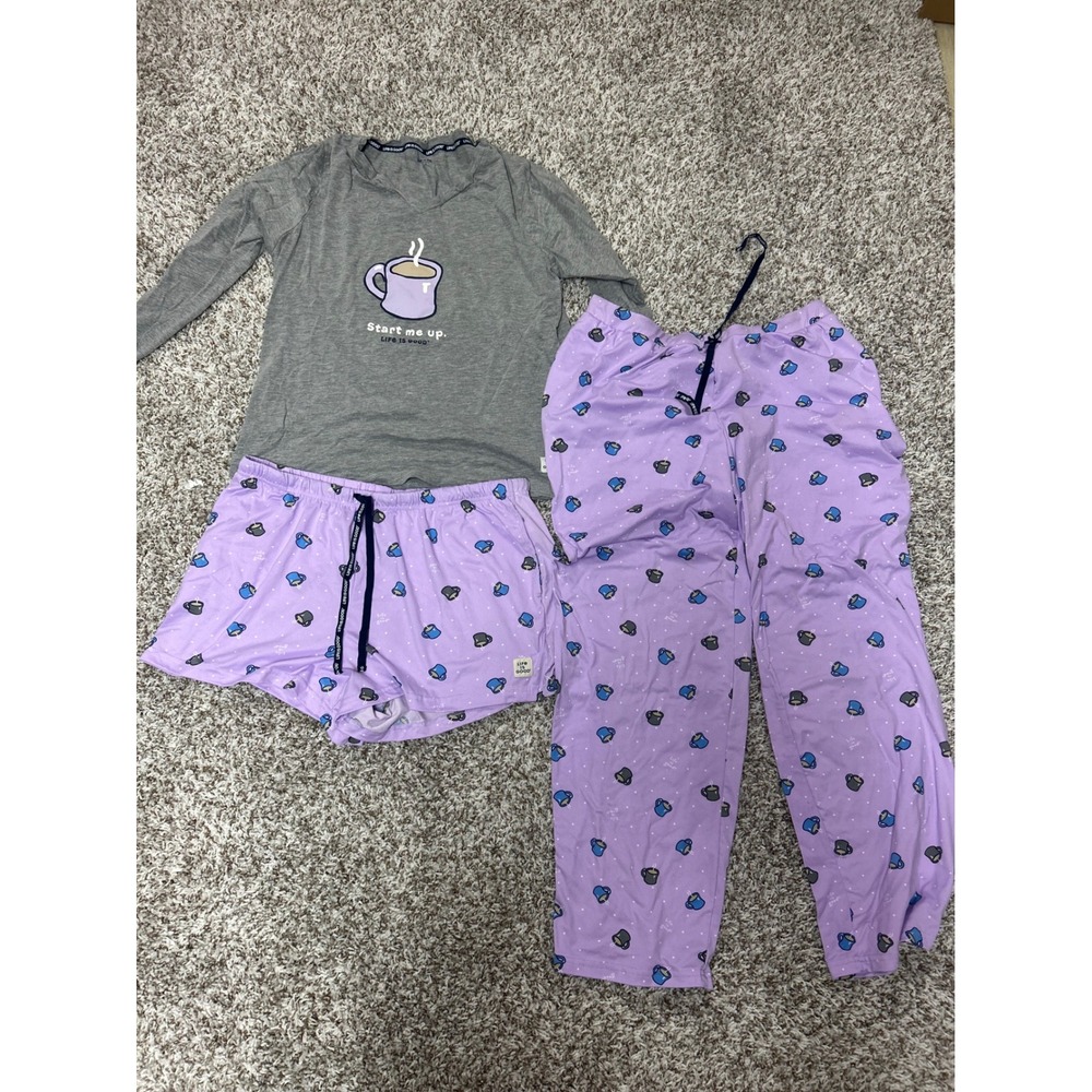 Life is Good Women's 3 Piece Pajama Set Coffee Mug Grey Purple Long Sleeve L